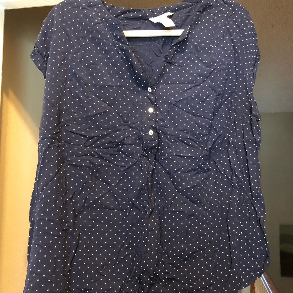 Navy and white polka dot maternity shirt
